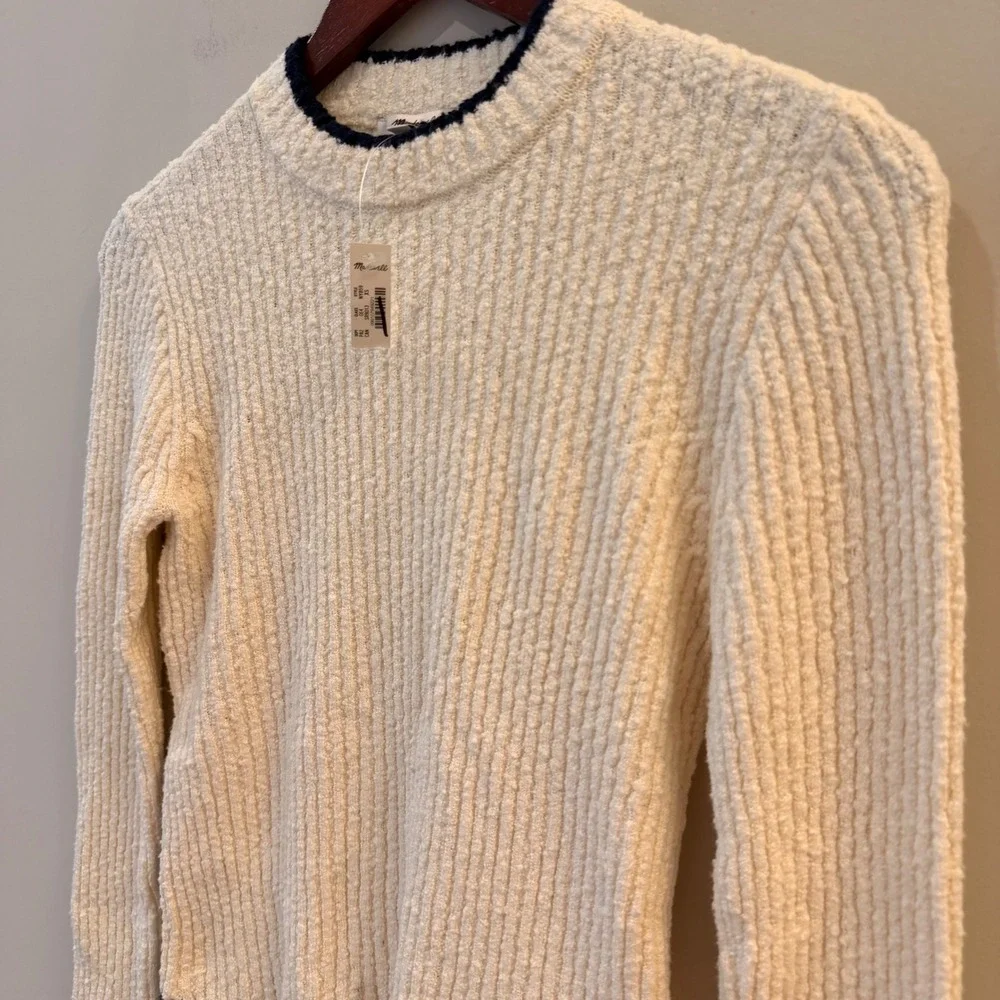 Madewell Boucle Knit Crewneck Sweater Ribbed Striped Cream Navy NY859 XS NWT